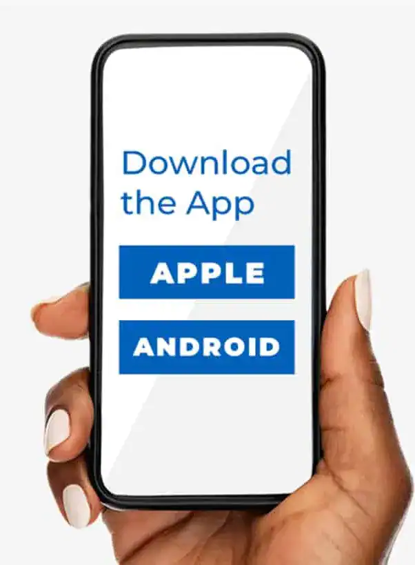 hand with cellphone and message download the app for Apple or Android